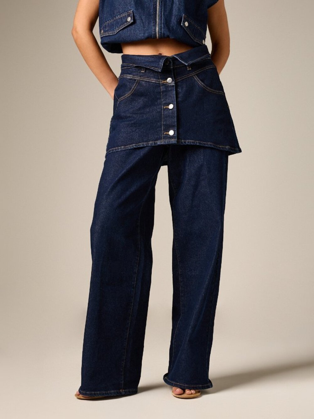 Dark Wash Elegant Women's Loose High Rise Wide Leg Denim Pants